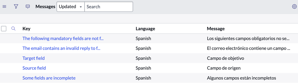 スペイン語に翻訳されたメッセージを示すメッセージリスト。