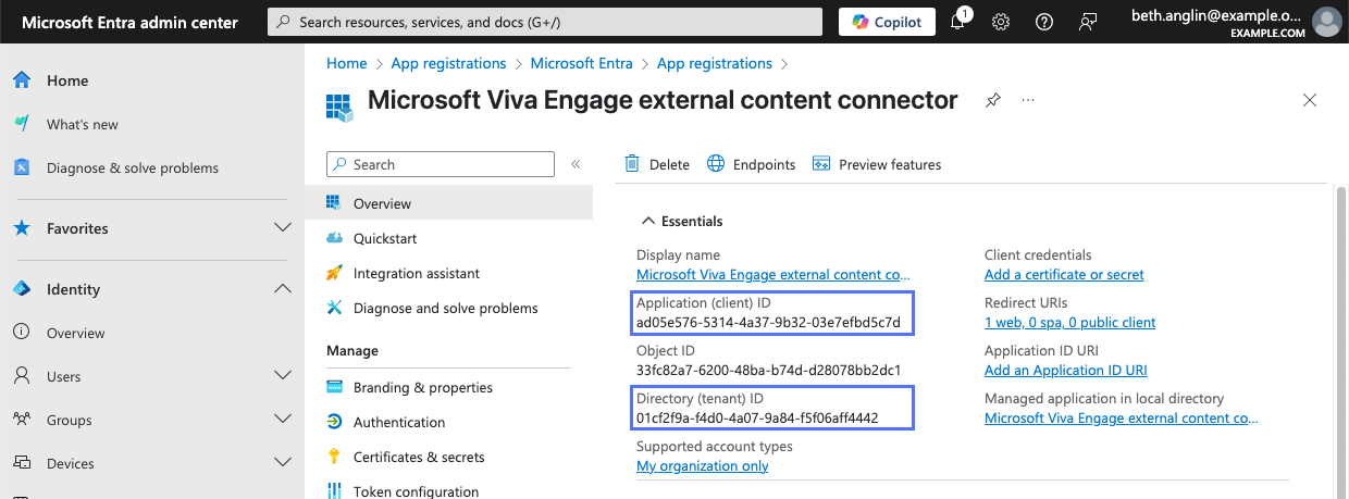 アプリケーション/クライアントおよびディレクトリ/テナント ID の値を表示するMicrosoft Entra 管理センターのアプリケーションの概要ページ。