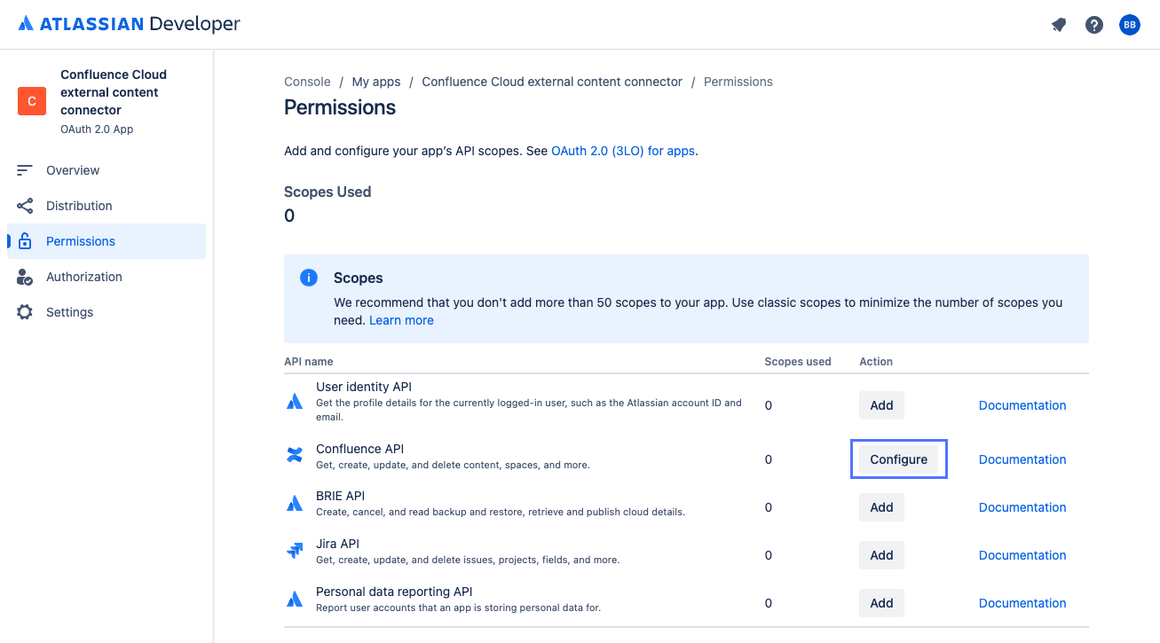 Atlassianの [Confluence API を構成] ボタン権限コンソール。