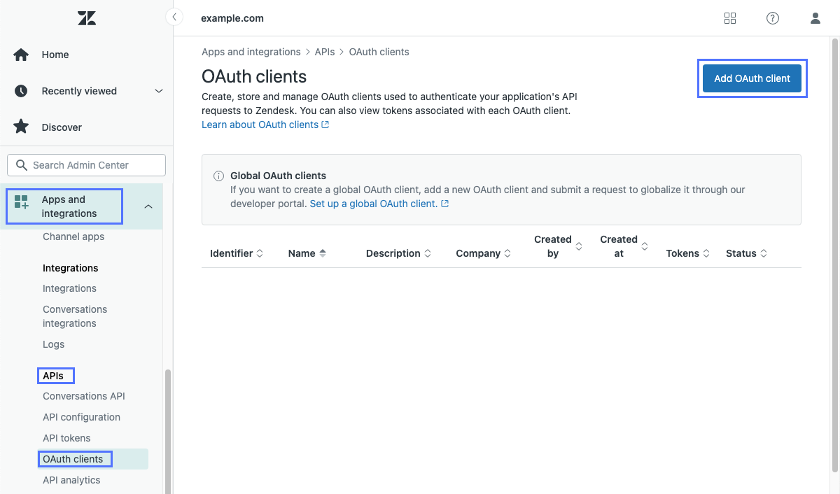 OAuth クライアントを追加] ボタンがある Zendesk の OAuth クライアントページ。