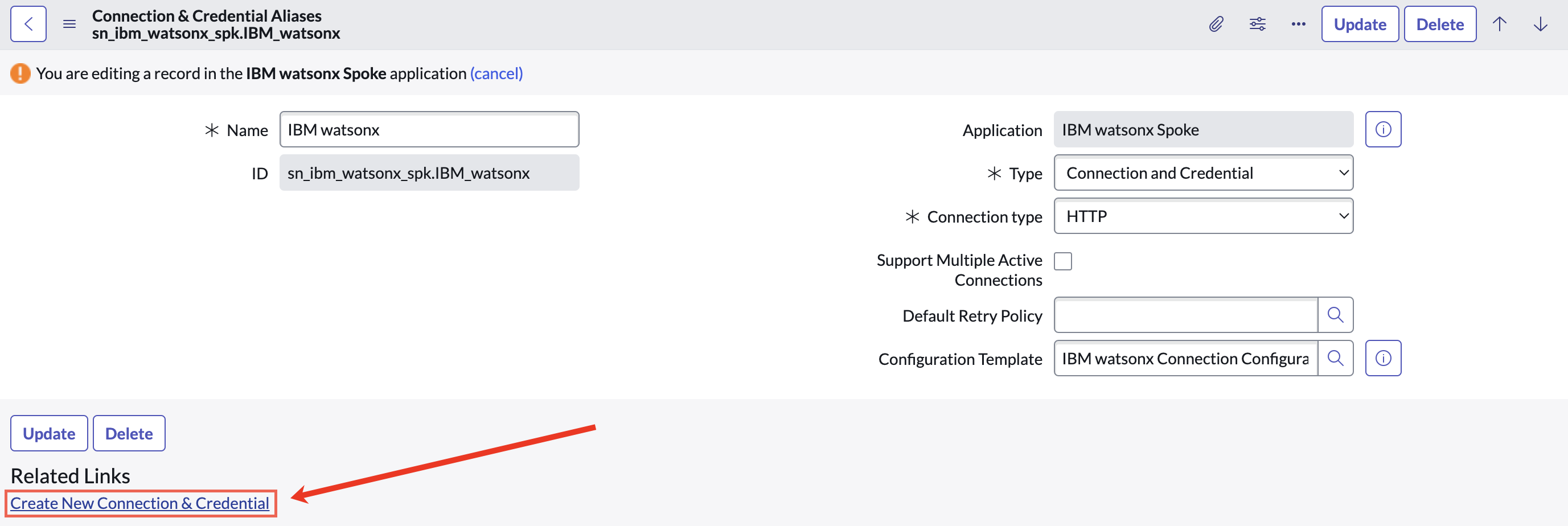 Create New Connection & Credential related link highlighted on the screen.