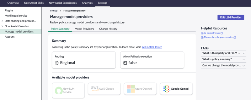 Now Assist admin settings - Manage model providers