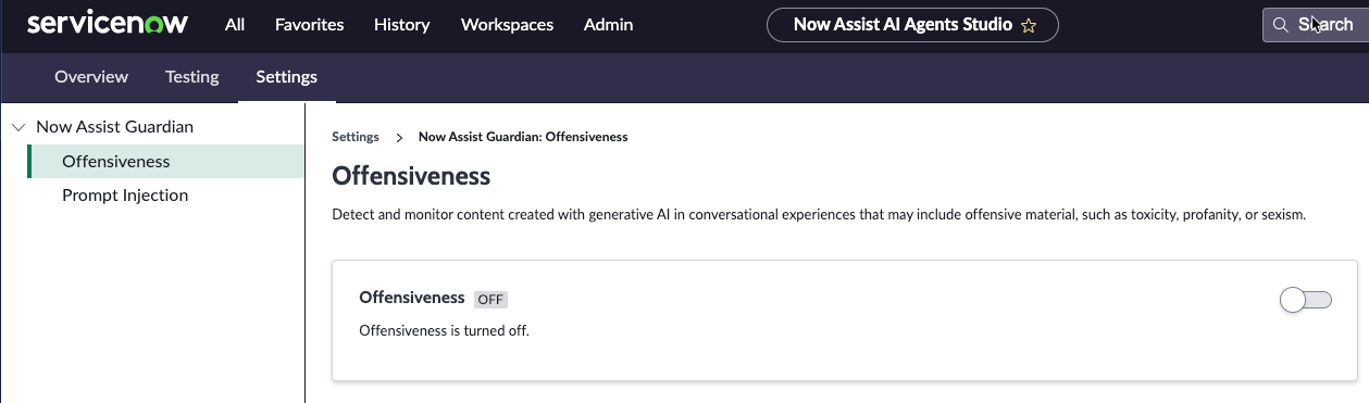 User being directed to the Offensiveness page when selecting the Settings in AI Agent Studio.