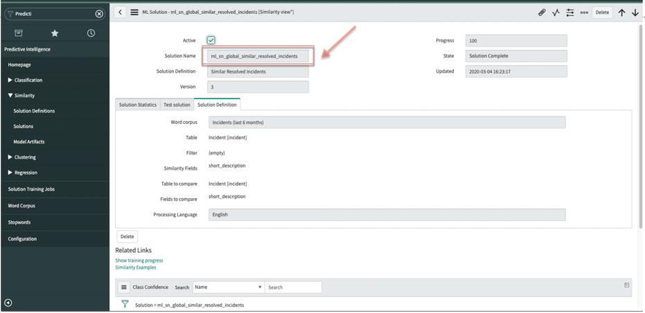 The ML solution form with details. The Solution Name highlighted here is the same as the one you selected in the previous image.