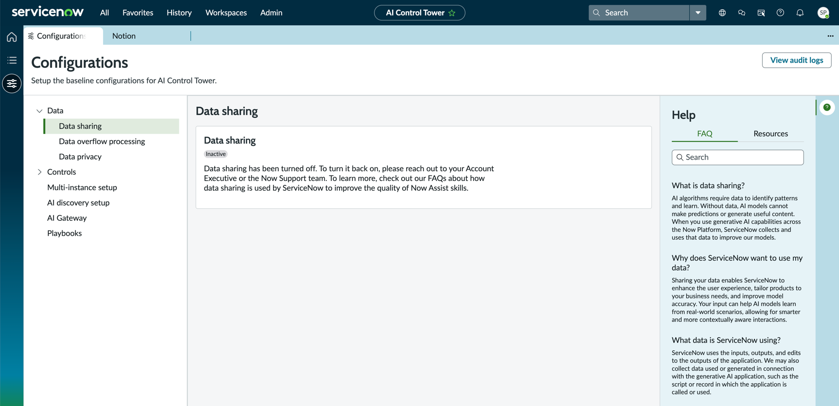 Data sharing on the Configurations screen.