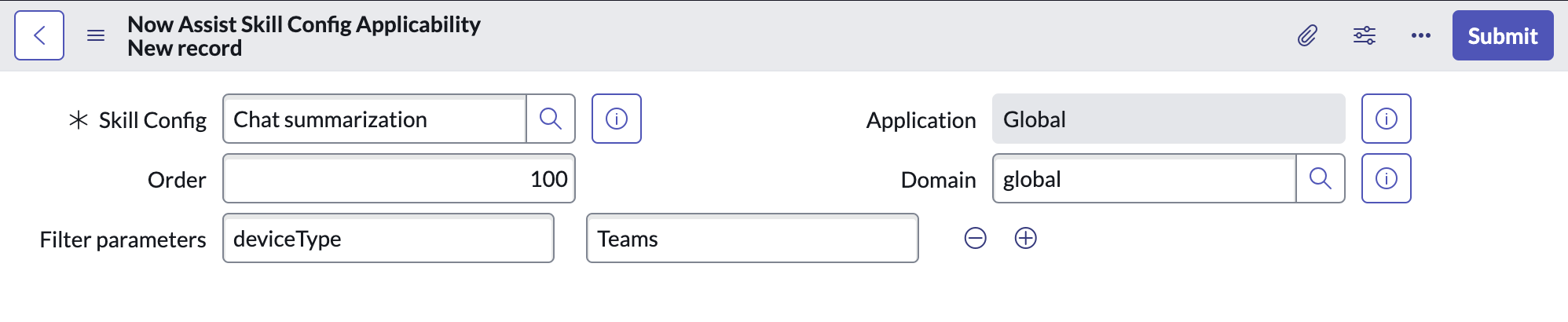 Now Assist Skill Config Applicability record with Name and Value fields filled in for the Filter parameters field.