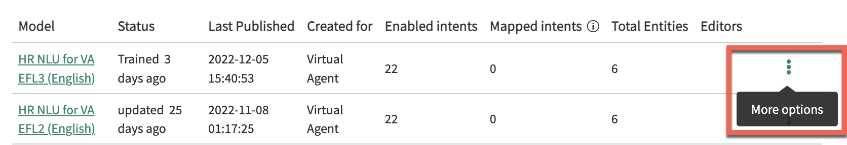 The More options menu in the model list