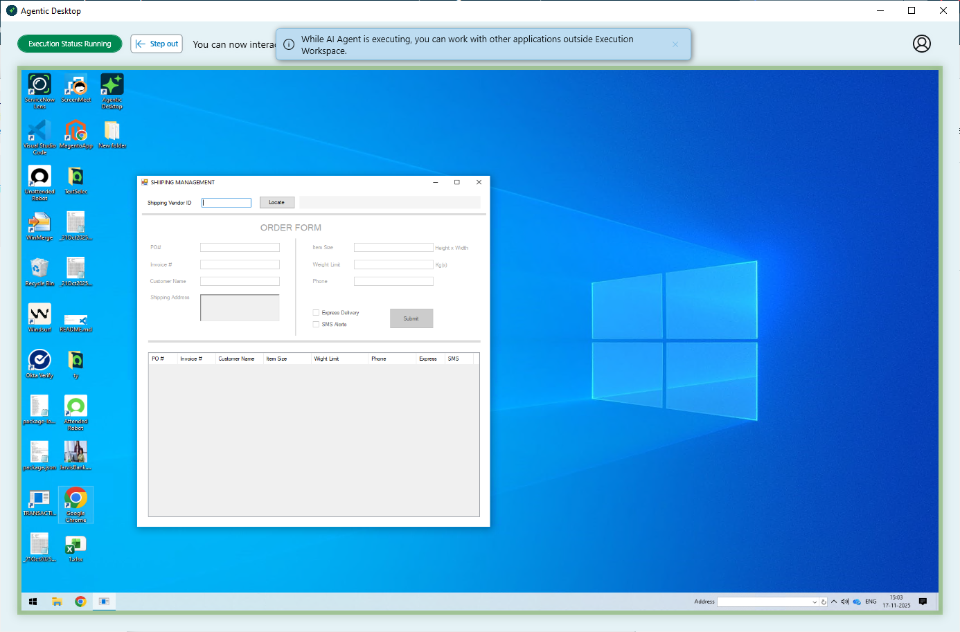 Agentic Desktop showing the Shipping Management app with fields on a Windows 10 background.