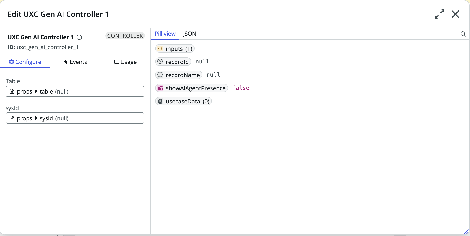 The Edit component modal with the Table and sys_id fields with bound data