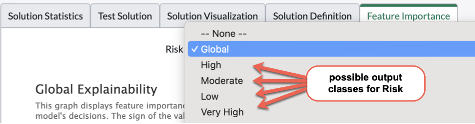 On the Feature Importance tab, the drop-down list containing the range of possible classes for the output field.