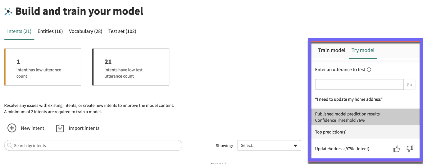 The Try model section with results displayed.