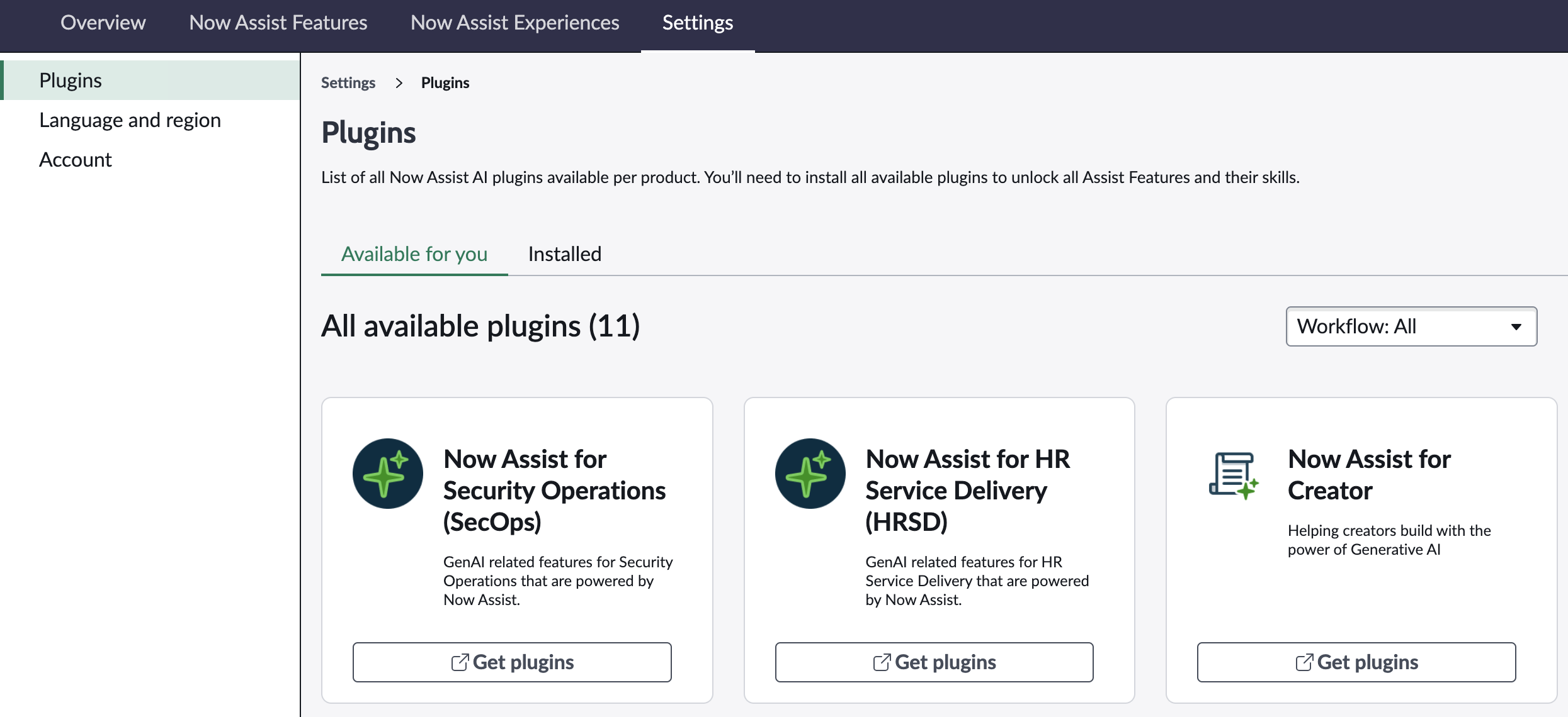 Now Assist settings page that lets you install plugins, activate the Now Assist panel, and view account details.