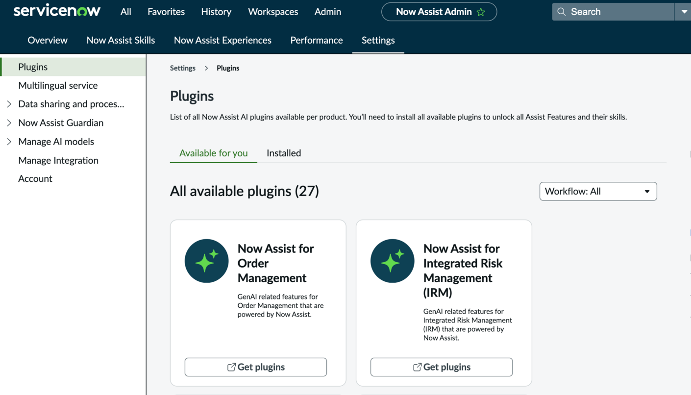 Now Assist Einstellungsseite, auf der Sie Plugins installieren können, aktivieren Sie Now Assist Und zeigen Sie Account-Details an.