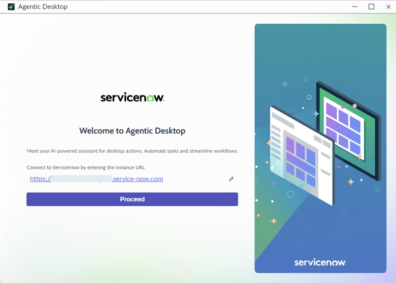 Agentic Desktop login screen for entering ServiceNow instance URL.