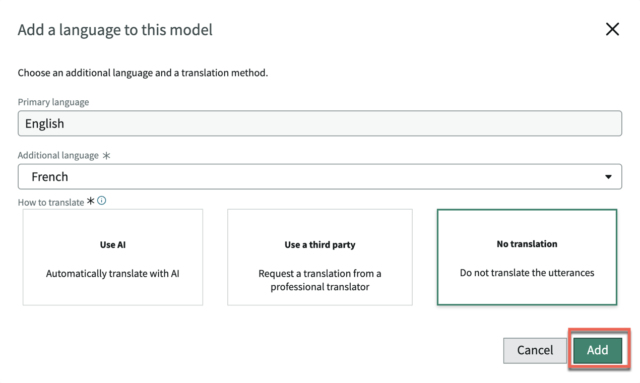 The window for Add a language to this model. The No translation card is highlighted.