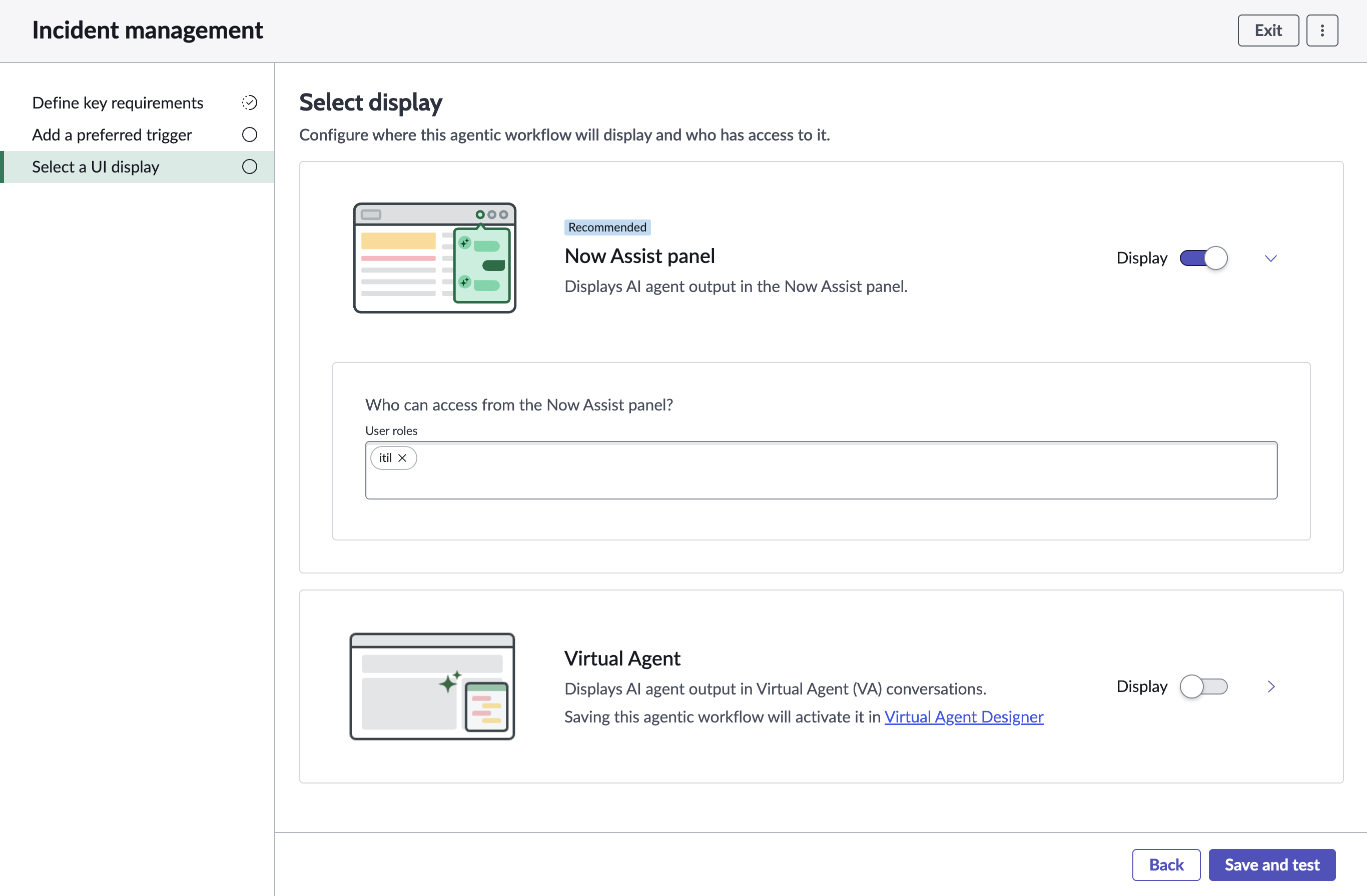 Select display page showing the Now Assist panel as the output option for agentic workflow execution.