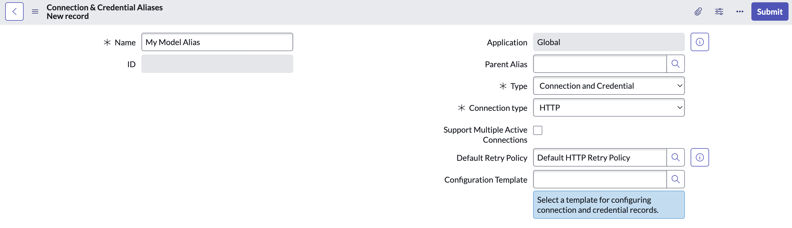 Connection & Credentials Alias record with name filled in.