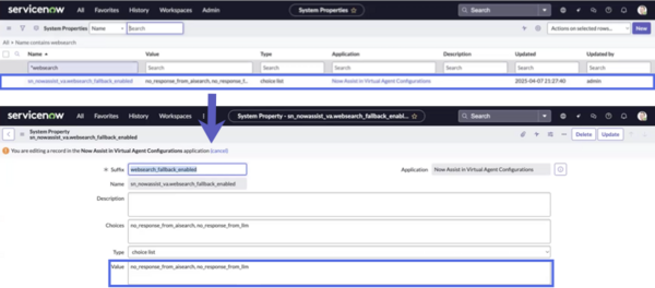 System properties table entry for the sn_nowassist_websearch_fallback_enabled property, containing the no_response_from_ai_search and no_response_from_llm values