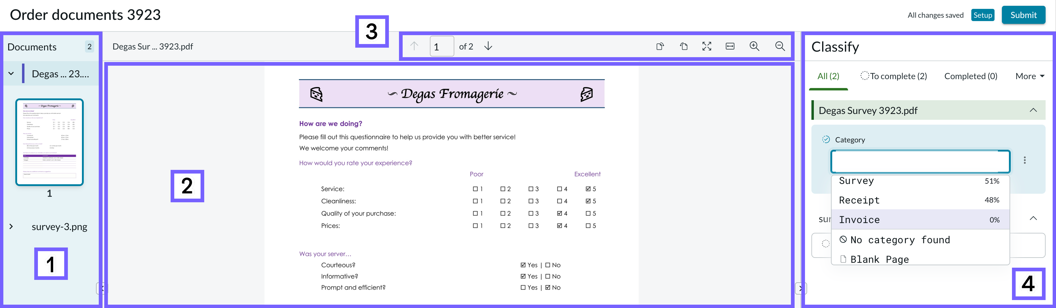 Areas of the Document Intelligence workspace for document classification.