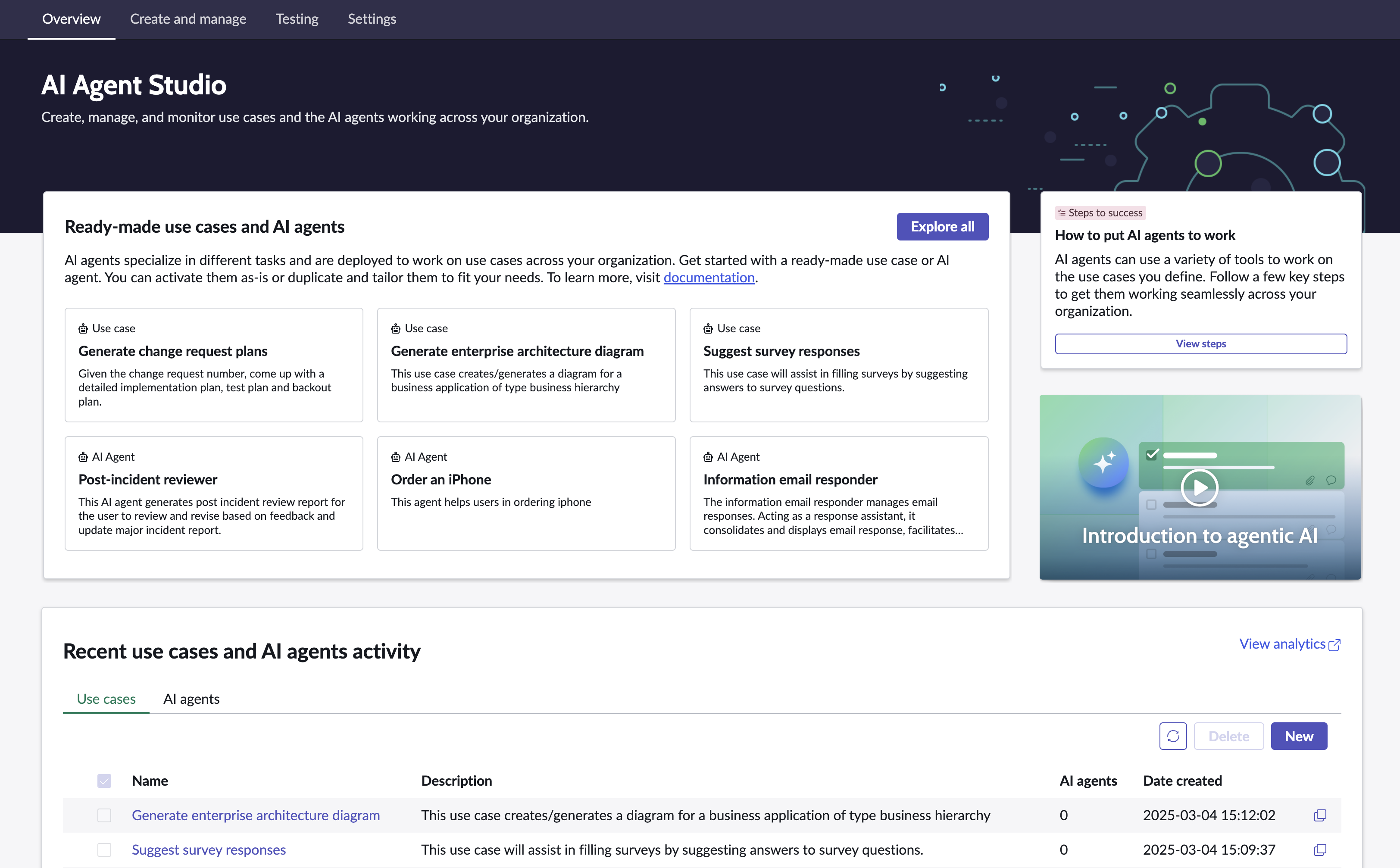 AI Agent Studio overview page.