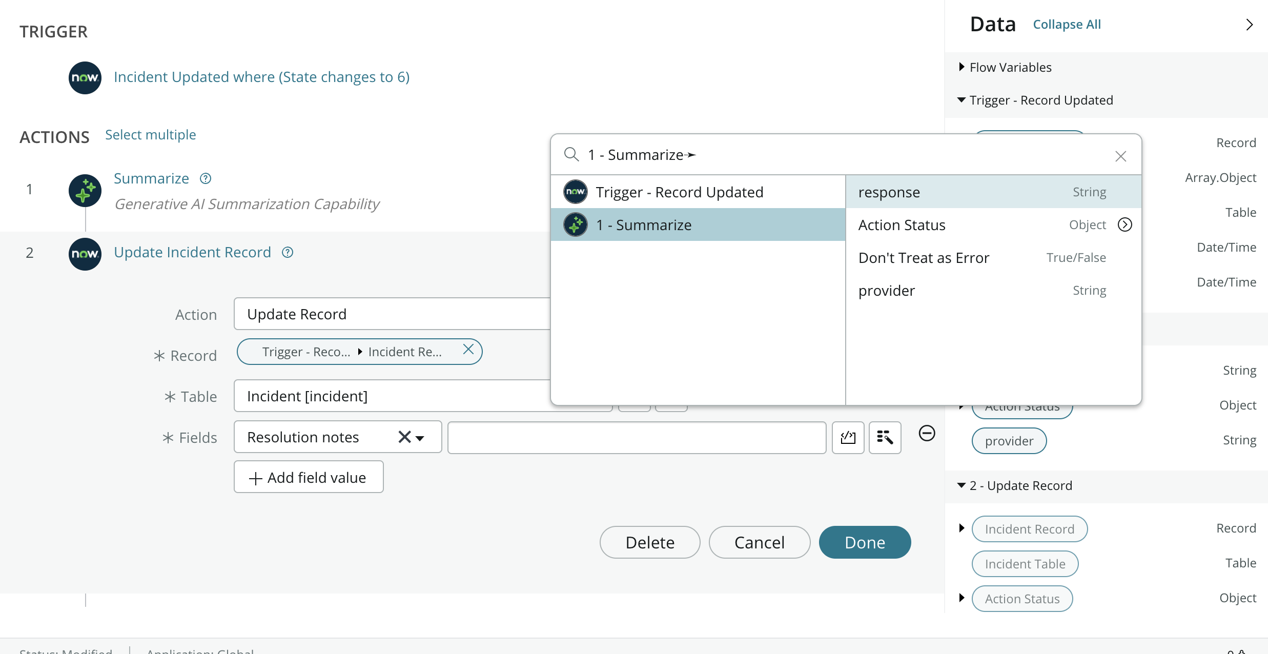 Filled-in Resolution notes field in the update record action.