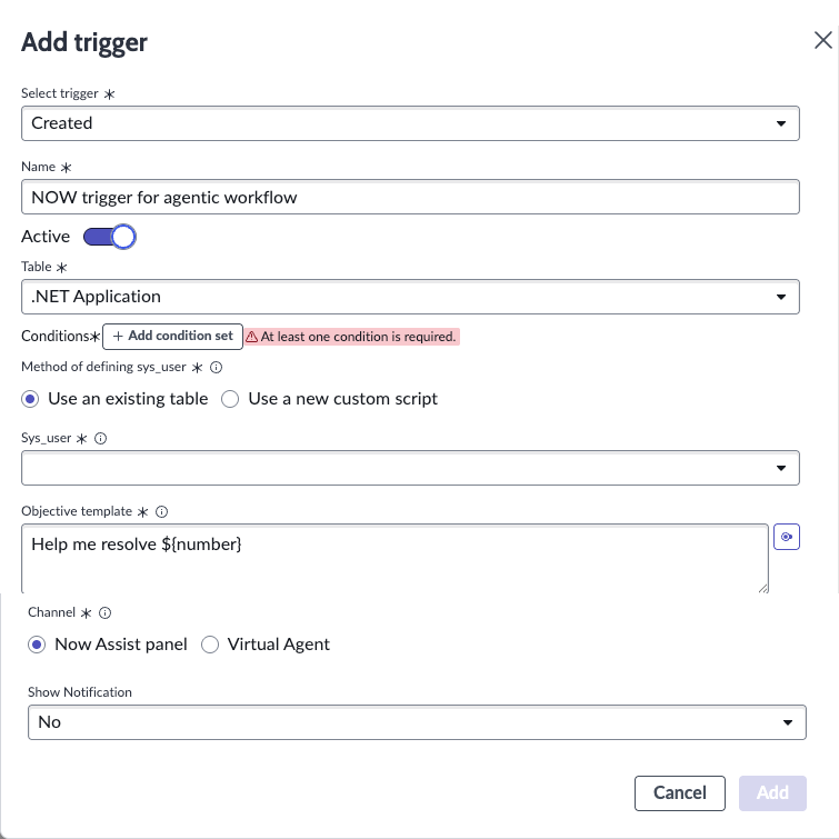 The Add trigger form of an agentic workflow.