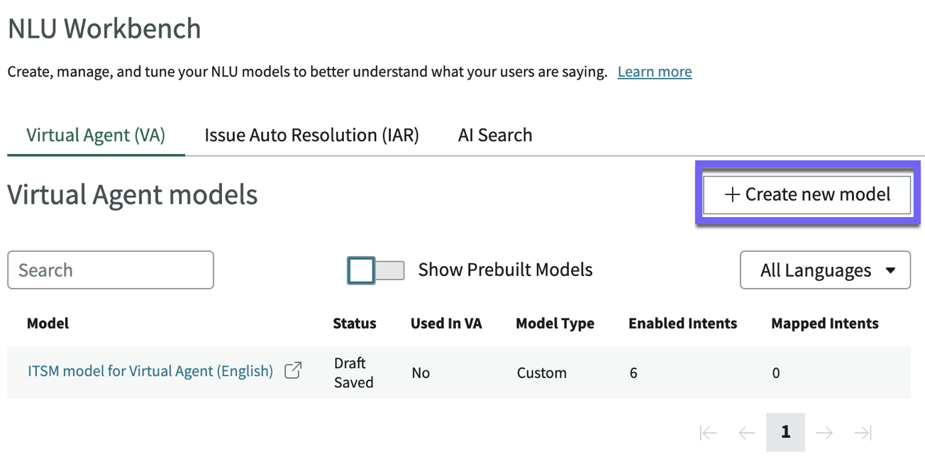 In the Virtual Agent tab of the NLU Homepage, the Create new model button is highlighted.