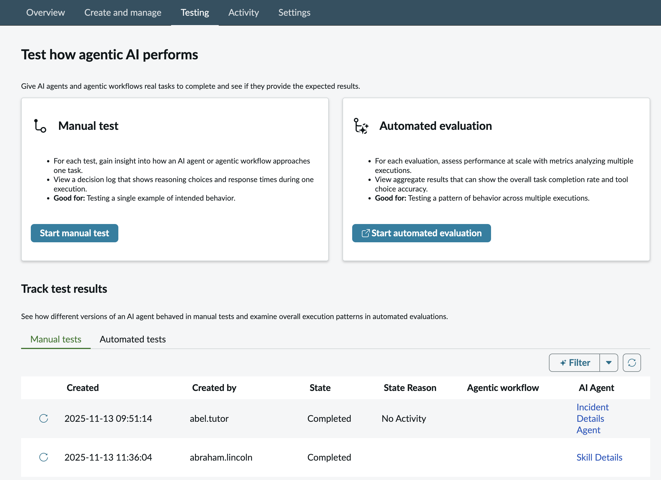AI Agent Studio testing home page