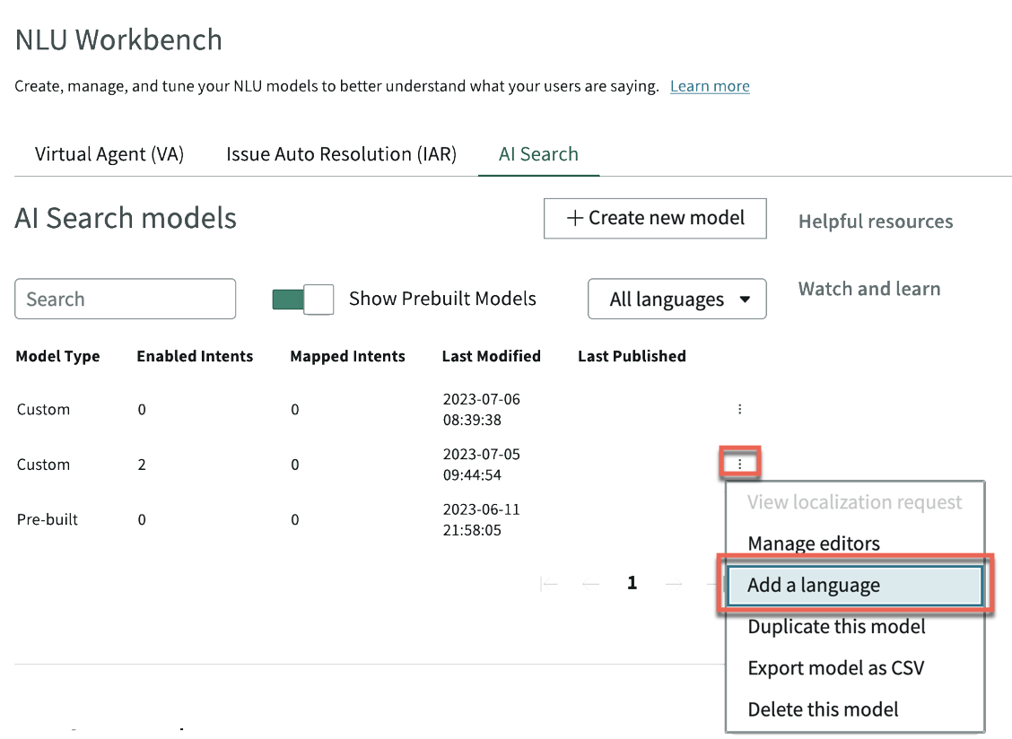 In the NLU Workbench home, the More options list is expanded, and Add a language is highlighted.