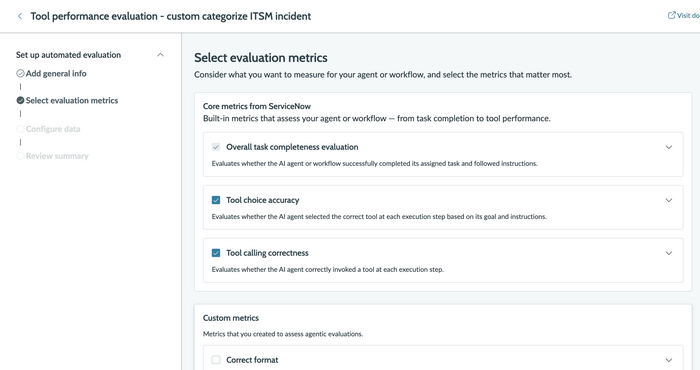 Geführter Setup-Schritt für die Bewertung der Toolleistung durch Agenten-Evaluierung zur Auswahl einer Evaluierungsmethode mit drei ausgewählten Optionen (Gesamtvollständigkeit der Aufgabe, Toolleistung und Toolaufruf).