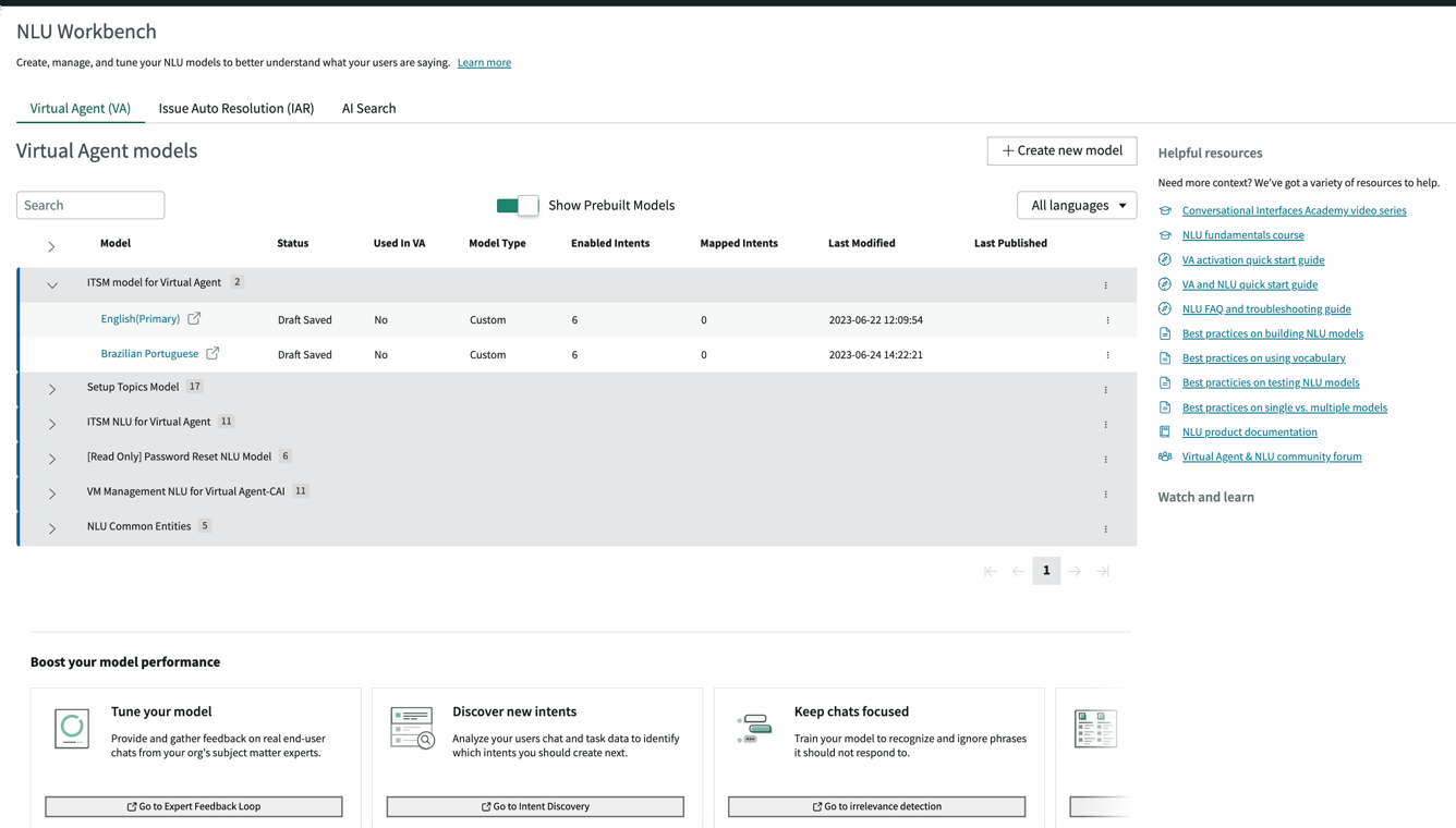 The NLU Workbench homepage opens in the Virtual Agent tab by default.