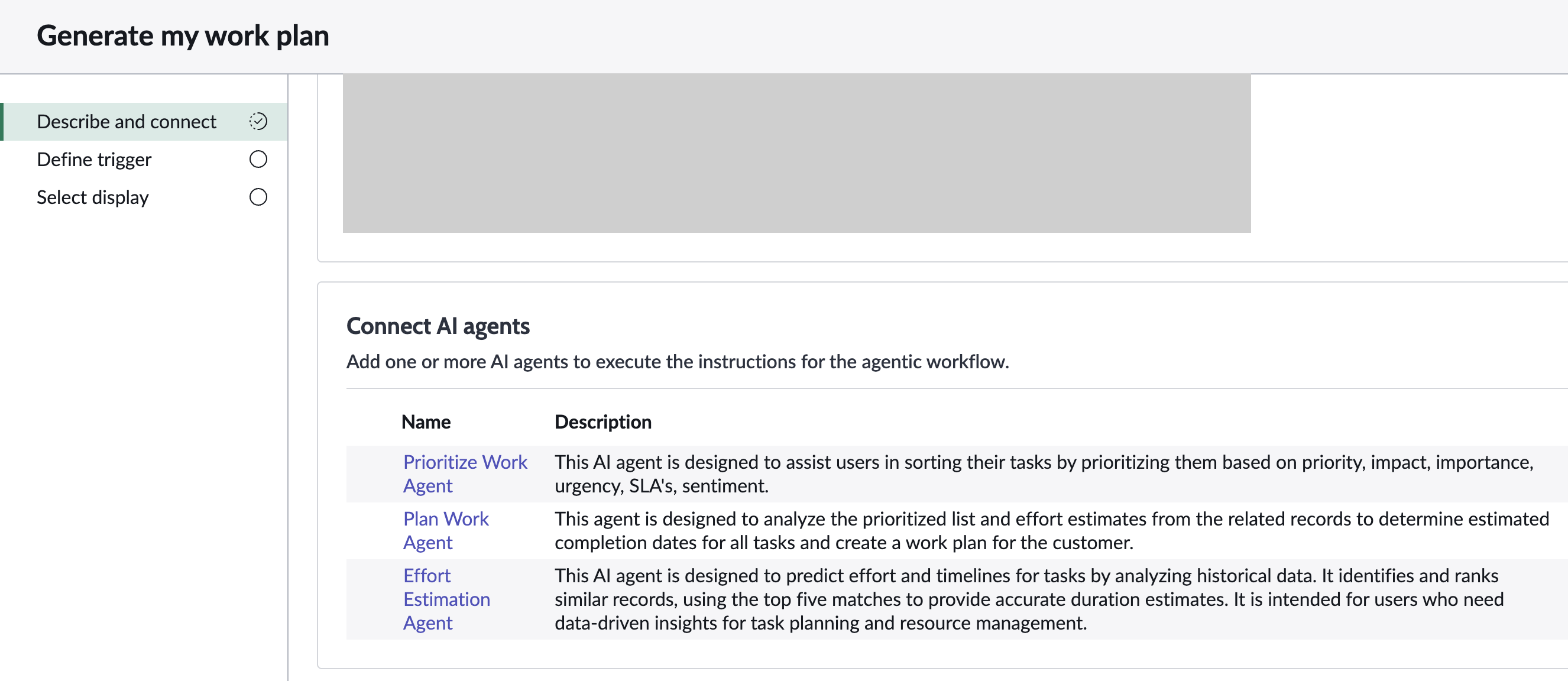 Generate my work plan agentic workflow in the first step of the guided setup in AI Agent Studio screen.