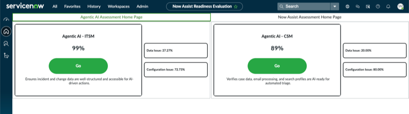 Agentic AI Assessment Home Page showing green Go buttons for agentic AI in ITSM and CSM.