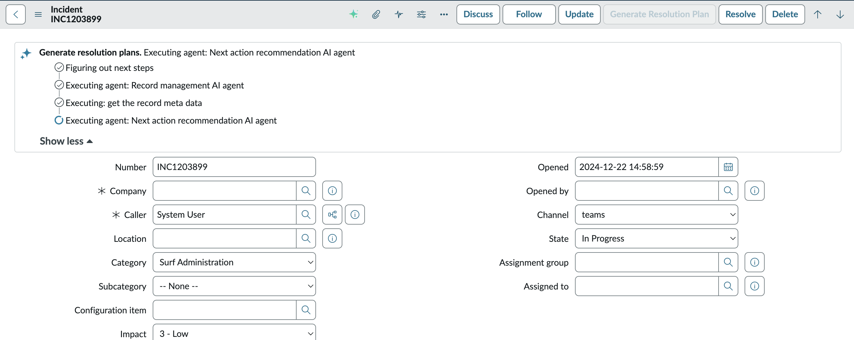 Generate Resolution Plan UI action on a UI16 Incident form with current execution steps displayed