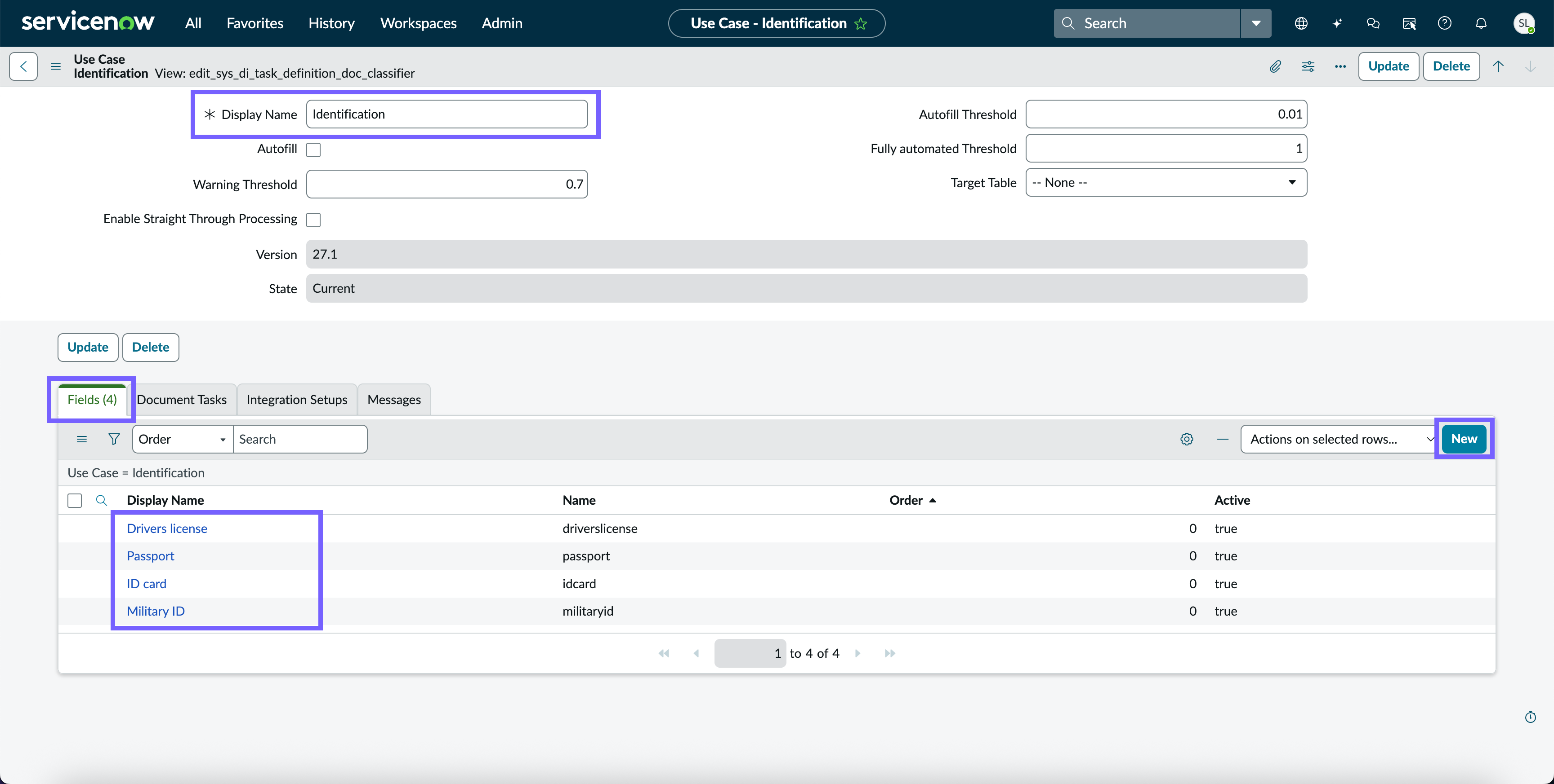 Document classification use case with fields defined for each category.