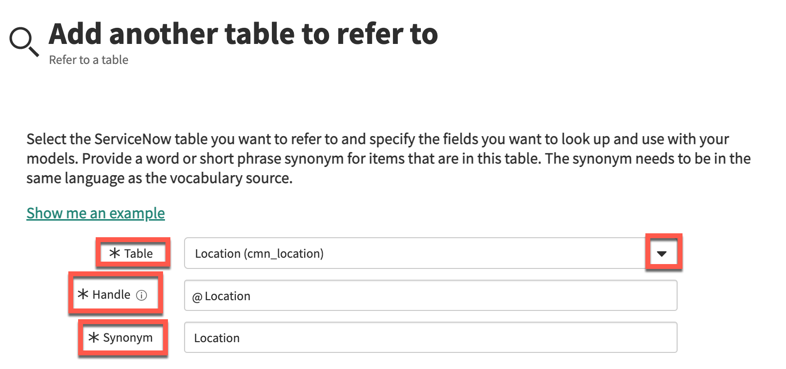 Table, Handle, and Synonym fields on the Add another table to refer to page.