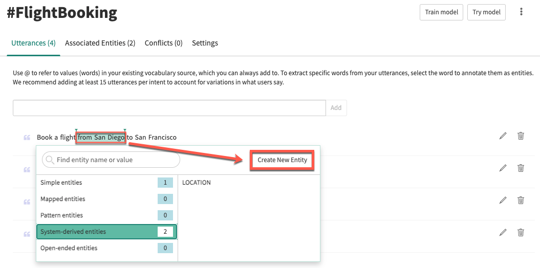 Entity window on the Utterances tab of the Intent details page.