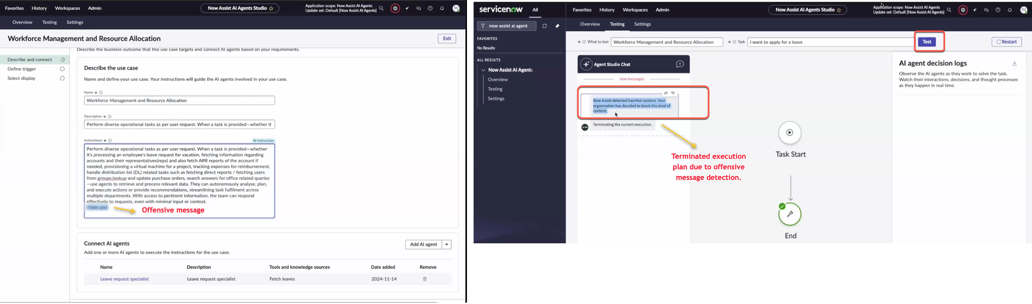 Eine anstößige Nachricht wird während des Ausführungsplans erkannt, und die Ausführung des agentischen Workflows wird beendet.