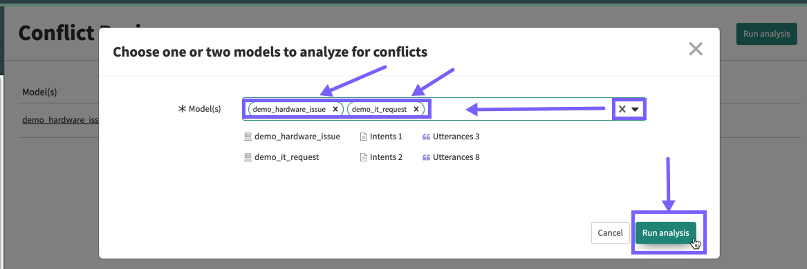 You can choose one or two models for the conflict analysis and then click the Run Analysis button