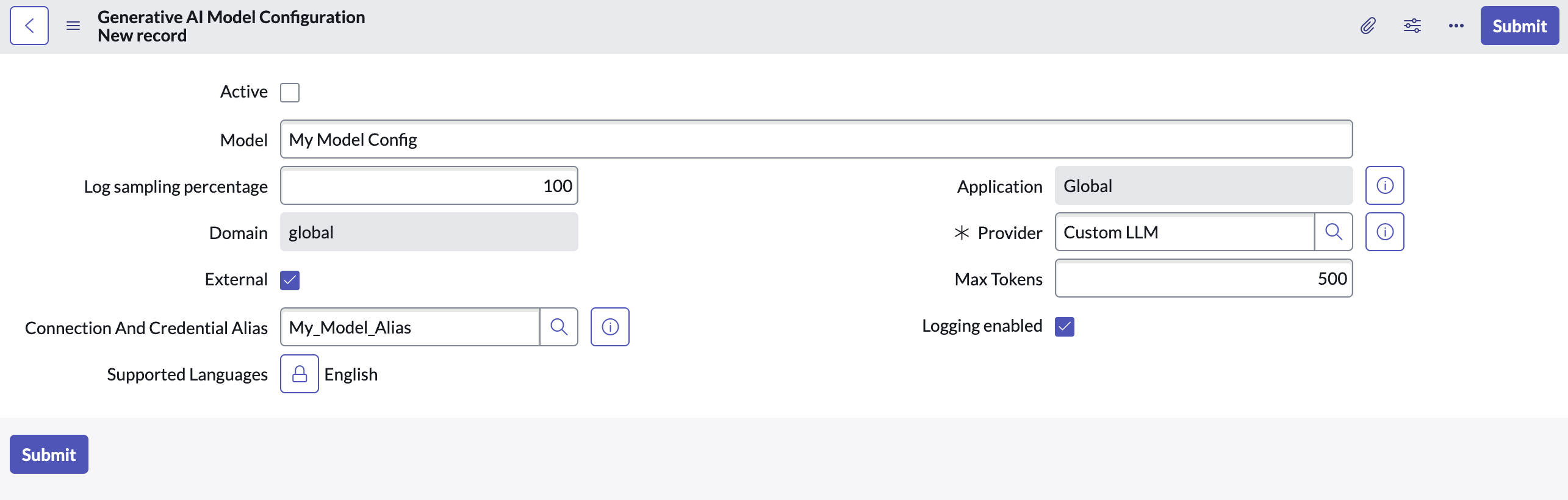 Generative AI Model Config record with the Provider field set to Custom LLM and the Connection and Credentials Alias field set to My_Model_Alias.