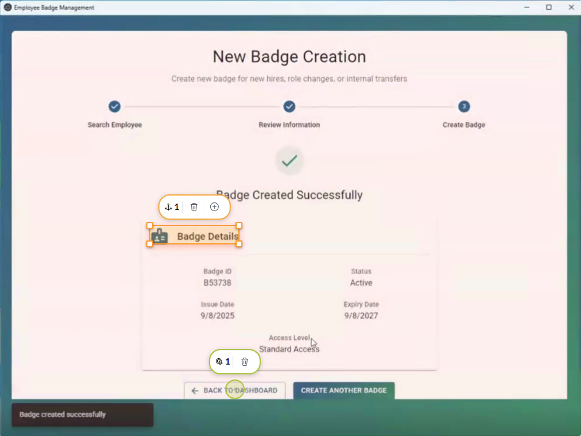 Success message indicating new badge is successfully created.