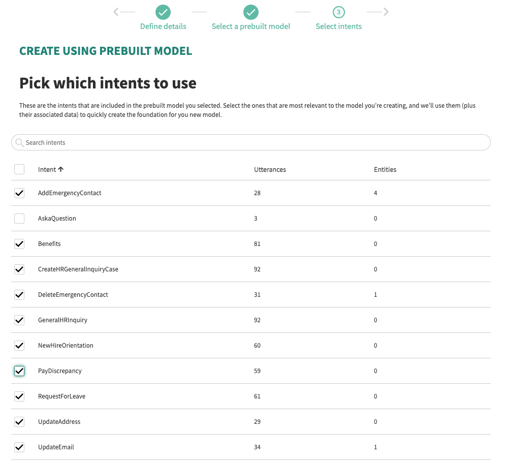 Select intents screen with several intents selected.