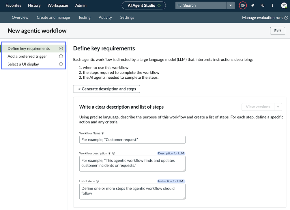 The guided setup for a New agentic workflow, with three steps highlighted. The three are 'Define key requirements', 'Add a preferred trigger', and 'Select a UI display'.
