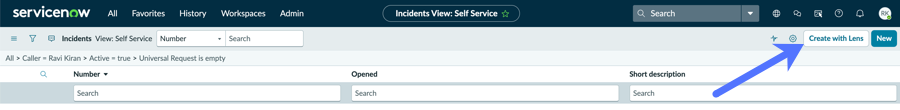 Create with Lens button on the ServiceNow form view.