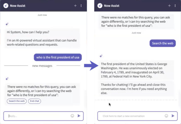 Now Assist in Virtual Agent chat window showing web search for an answer to the question "Who is the first president of the USA?"
