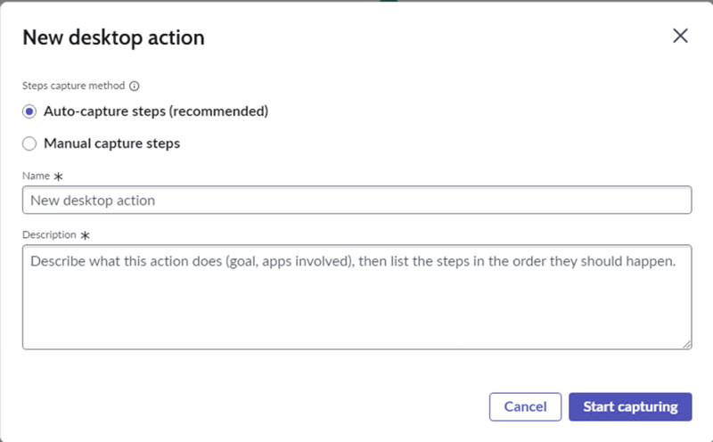 New desktop action window with auto-capture option selected and fields to enter name and description for the desktop action.