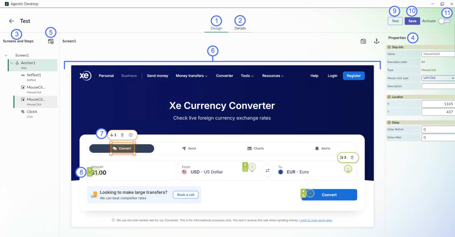 Agentic Desktop Design tab that shows interface elements like Design, Details tabs, Screens and steps panel, and a captured currency converter screen with numbered annotations.