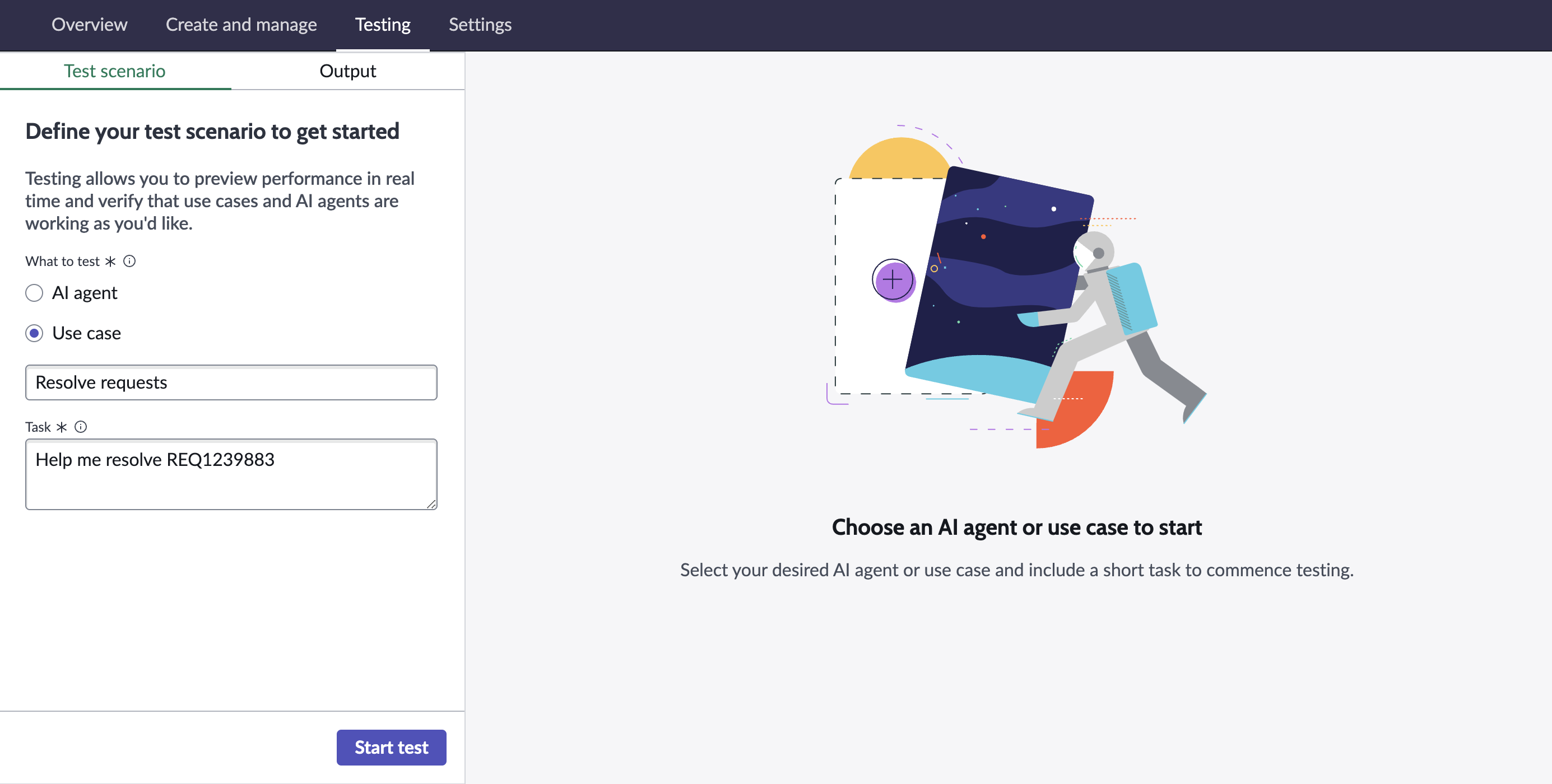 AI Agent Studio testing page.