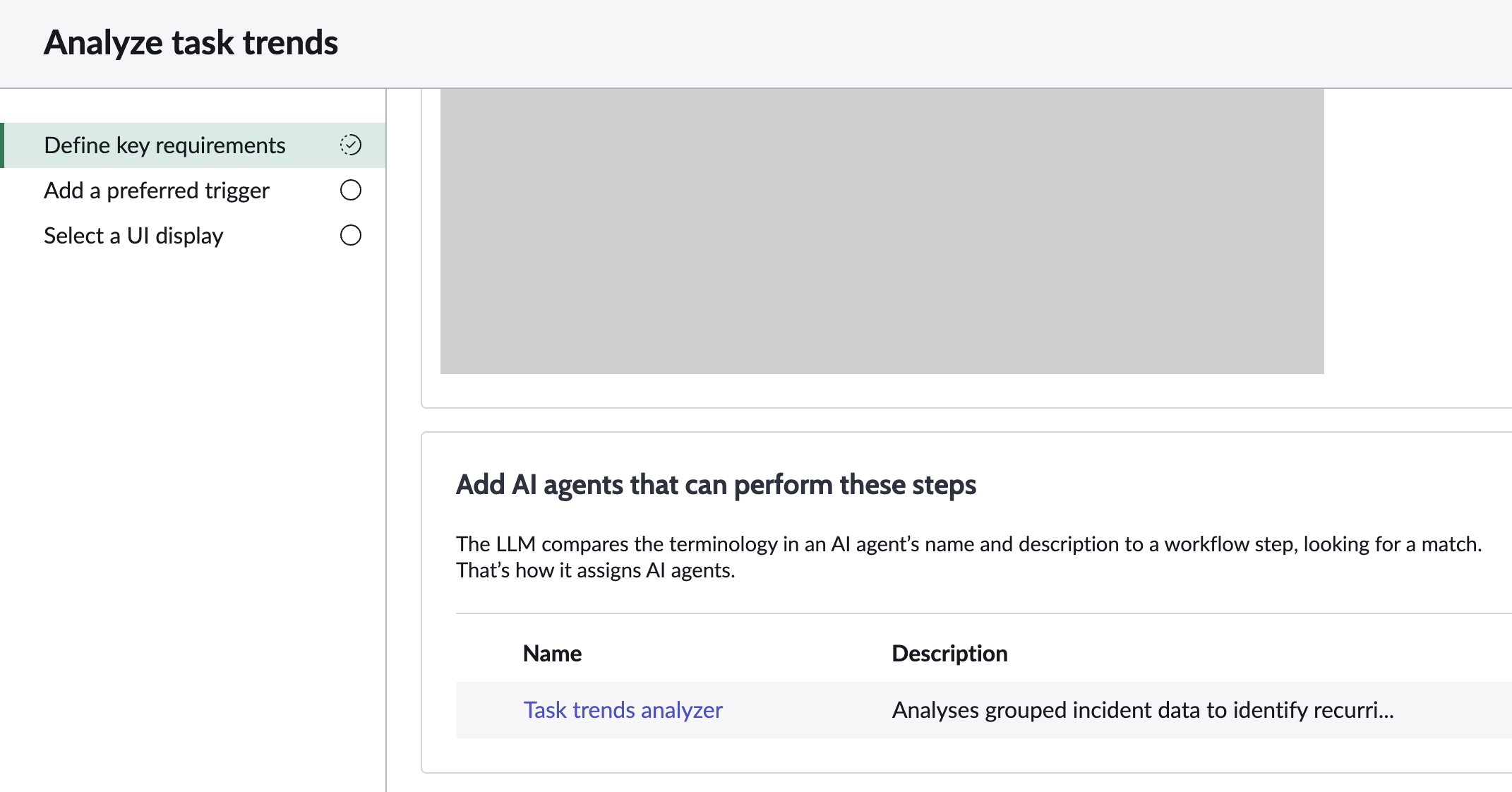 Analyze task trends agentic workflow in the first step of the guided setup in AI Agent Studio screen.