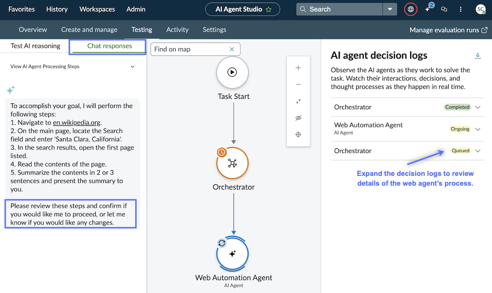 The Chat responses tab. The initial Node map view displays a diagram of the orchestration. AI agent decision logs are highlighted as well.